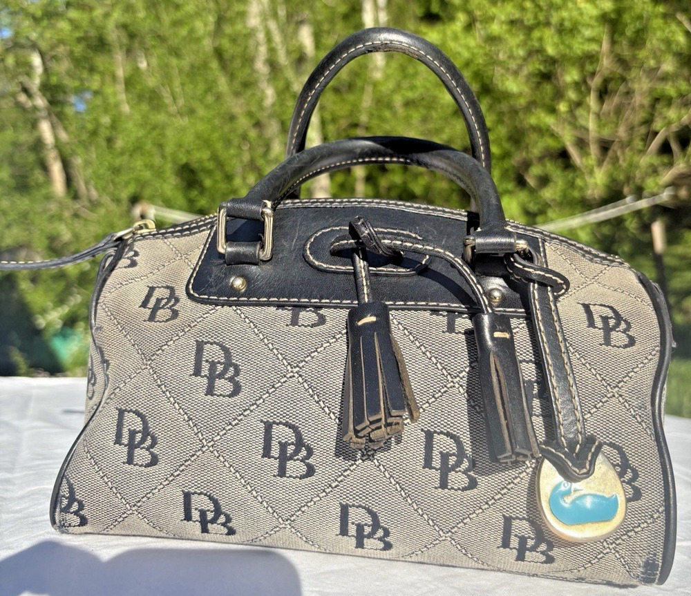 Vintage Dooney & Bourke Monogrammed Canvas Small Cylinder Purse w/ Charm